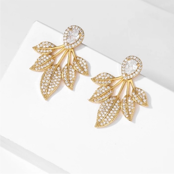 Diamond Leaf Floral Crystal Bohemian Gold 925 Sterling Silver Festival Earrings - Picture 2 of 6